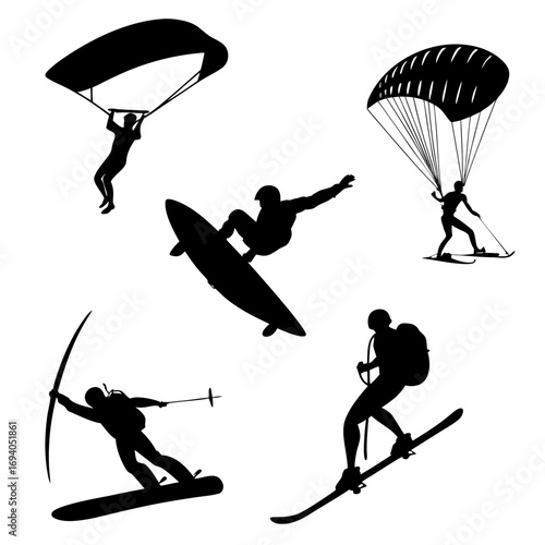 Diverse extreme sports silhouettes paragliding kitesurfing