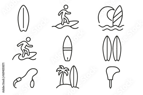 Surfboard and surfing thin line icons pack. Editable stroke vector set with surfer, waves, palm tree, leash, fin. Perfect for web design, apps, cards, summer beach concept.