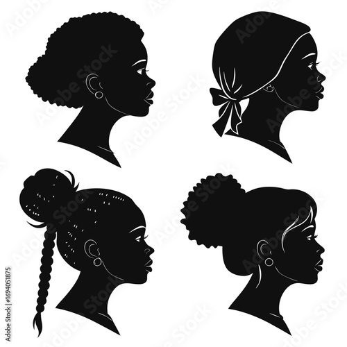 Diverse female profiles with varied hairstyles silhouette