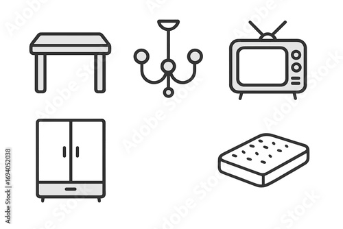 Simple editable stroke icons collection of furniture and home decor items including table, closet, chandelier, TV set, mattress for infographics, articles, banners