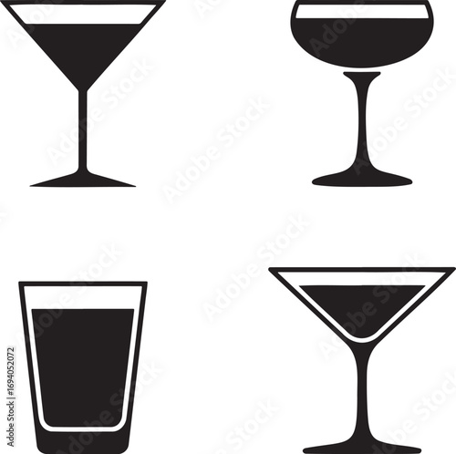 Black Silhouettes of Cocktail Glasses – Martini, Coupe, Highball, and Margarita Icons for Bar Menu and Beverage Design 