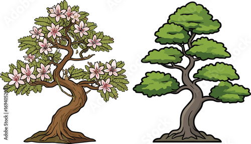 Beautiful artistic bonsai trees illustration, featuring flowering cherry blossom bonsai and stylized green tree, perfect for nature art, decor, or design projects.