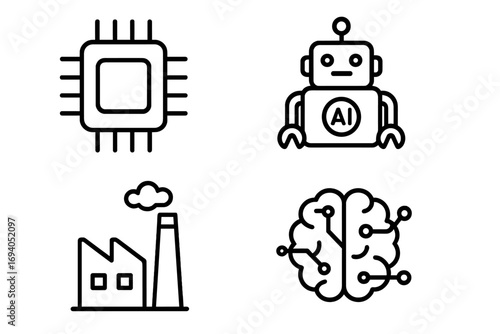 Technology line icon bundle with chip, robot, factory, artificial intelligence symbols for graphic design, web apps, adverts, business cards, modern vector cartoon set