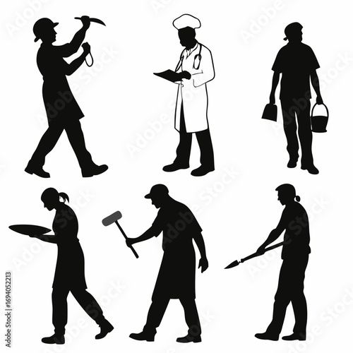 Diverse professions holding tools and equipment silhouette