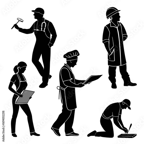 Diverse professions in silhouette construction worker