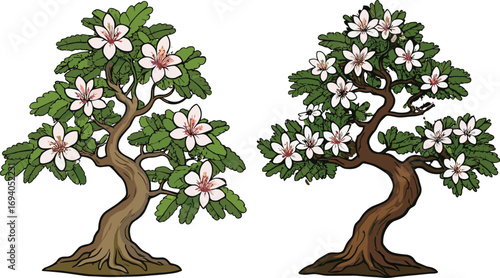 Beautiful flowering bonsai trees with white cherry blossoms and green leaves, perfect for nature artwork, botanical prints, decor, or illustration design.
