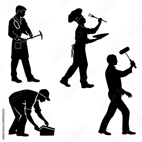 Diverse professions performing tasks silhouette doctor