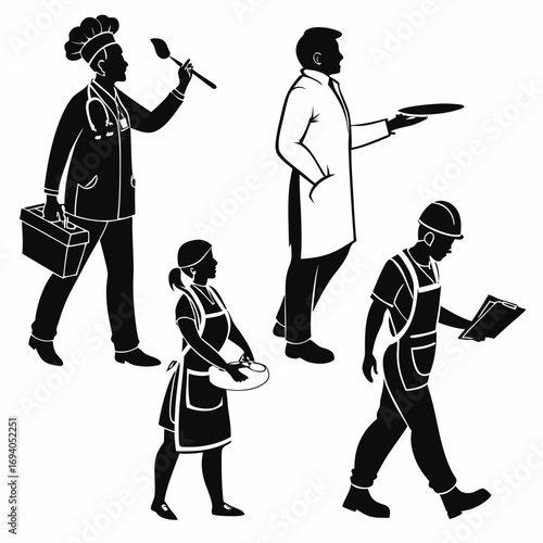 Diverse professions silhouettes walking chef doctor