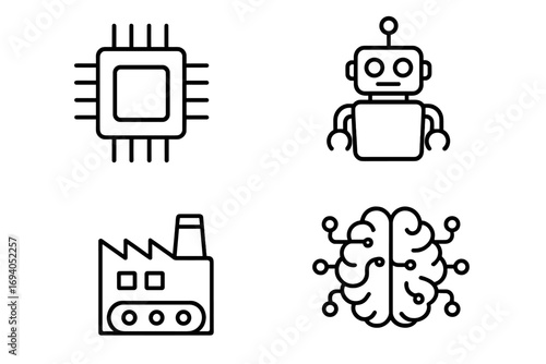 Technology line icon set with microchip, robot, factory, and artificial intelligence brain symbols. Outline vector cartoon for graphic design, web, apps, advertising, and business cards.