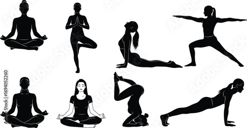 Yoga silhouette vector set with seven poses including meditation, shoulder stand, plank, warrior, and tree for wellness and fitness