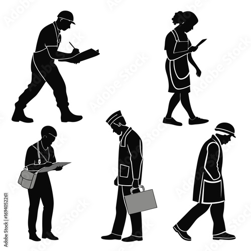 Diverse professions silhouettes with tools worker doctor