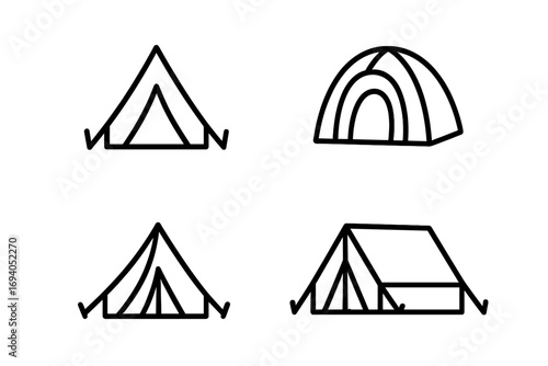 Modern outline style tent icons set for design, cards, apps, social networks. Vector cartoon illustration with transparent background, camping, outdoor shelter symbols, camping gear collection