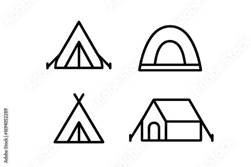 Modern tent outline icons collection for design, cards, apps, social networks, camping gear, outdoor adventure, travel equipment, camping symbol set, black line vector illustration