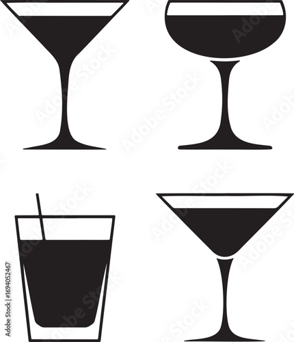 Black Silhouettes of Cocktail Glasses – Martini, Coupe, Highball, and Margarita Icons for Bar Menu and Beverage Design 