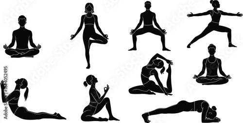 Yoga silhouette vector set with nine poses including meditation, balance, stretching, plank, and dancer for wellness and fitness design