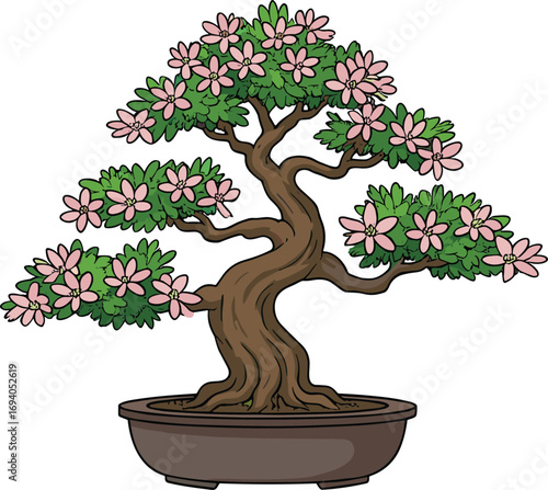 Beautiful flowering bonsai tree with pink blossoms in a pot, perfect for decorative art, gardening illustrations, indoor decor, or botanical design projects.