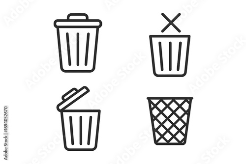 Trash can icon set for user interface design, placards, apps, and books. Editable stroke vector illustrations, web and card design elements, transparent background cartoon style