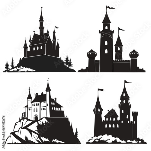 Fantasy castles and towers silhouettes architecture