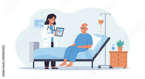 Doctor consulting elderly patient in hospital room.