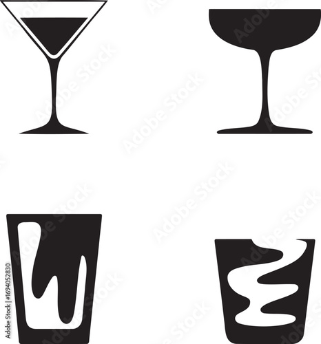 Black Silhouettes of Cocktail Glasses – Martini, Coupe, Highball, and Margarita Icons for Bar Menu and Beverage Design 