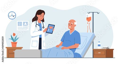 Doctor Explaining Medical Results to Senior Patient in Hospital Bed.