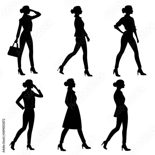 Fashion model silhouettes in various poses female woman