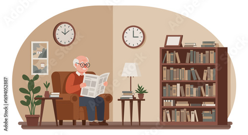 Elderly man sitting in an armchair reading a newspaper at home.