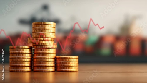 Gold price surge, Gold coin stack price surge concept showing financial growth investment opportunity with financial chart and blurred background red