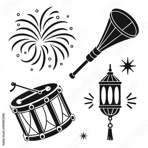 Festive objects drum lantern horn fireworks celebration