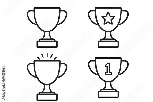 Winning cup simple icon collection, editable stroke vector illustration, trophy symbols with star, number one, and celebration marks, perfect for infographics, articles, books, banners, flyers
