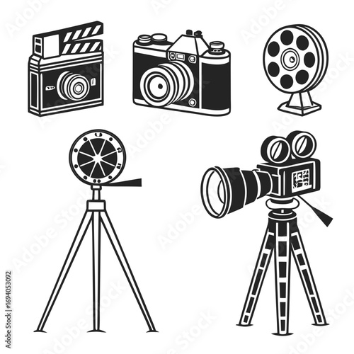 Film camera equipment icons film clapper film reel