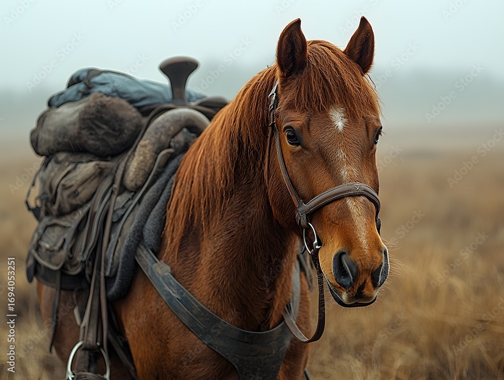 Obraz premium A brown horse equipped with a saddle and travel gear standing in a foggy field ready for a journey