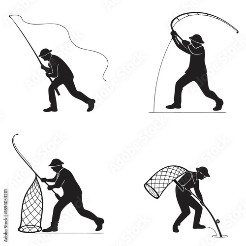 Fishermen silhouettes casting and netting fishing fisherman