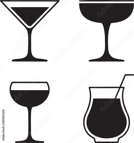 Black Silhouettes of Cocktail Glasses – Martini, Coupe, Highball, and Margarita Icons for Bar Menu and Beverage Design 