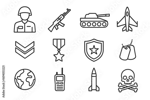 Pack of Army Related Line Icons, Military and Defense Vector Symbols, Soldier, Weaponry, Tank, Jet Fighter, Medal, Communication, and Warfare Elements for Graphic, Web, and App Design