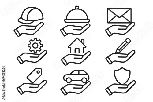 Set of hand holding various icons helmet food mail gear house pencil tag car shield outline vector symbols for business service support delivery communication and protection concepts