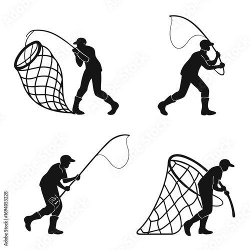 Fishermen with nets and rods fishing fisherman