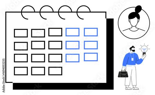 Large calendar layout with highlighted rows, person holding a lightbulb, and profile avatar. Ideal for scheduling, planning, brainstorming, teamwork, productivity, creativity organization simple