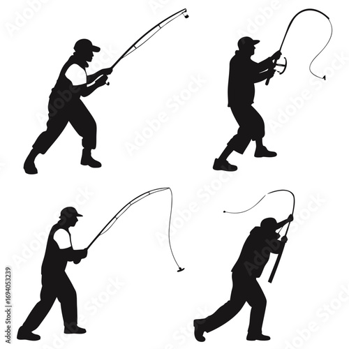Fishermen silhouettes casting fishing rods fisherman