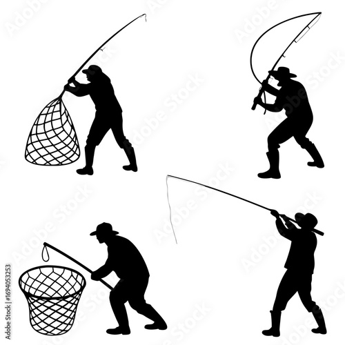 Fishermen with nets and rods fishing fisherman