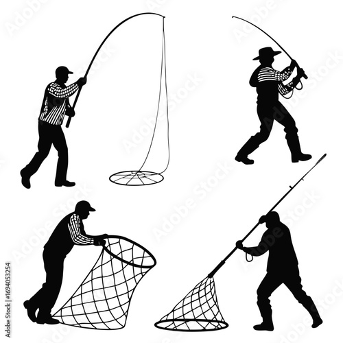 Fishermen with nets and rods fishing fisherman