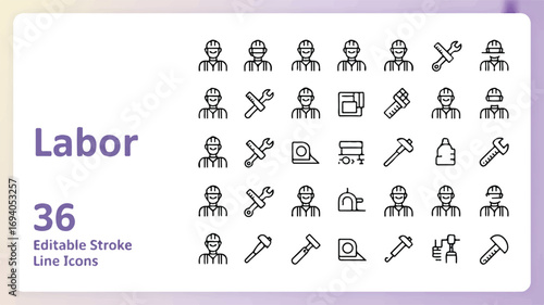 Collection of 36 simple line icons representing various labor activities, ideal for design and infographics