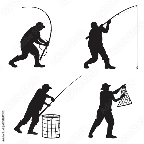 Fishermen with rods and nets fishing fisherman