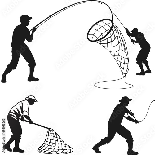 Fishermen with nets and rods fishing silhouettes