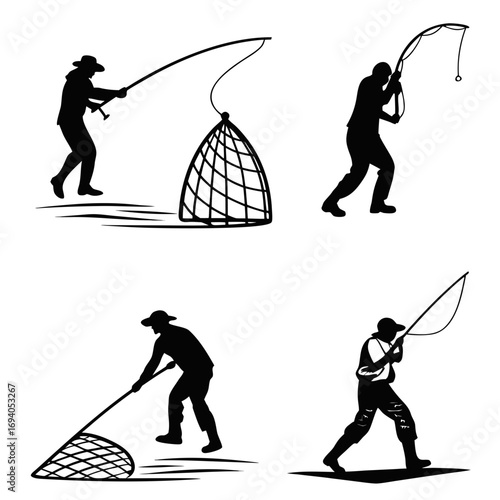 Fishing silhouettes with nets and rods vector