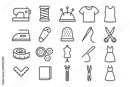 Sewing and garment icon set, thin line editable stroke vector illustrations, fashion tailoring tools, clothing design elements for banners, cards, social media, and app use