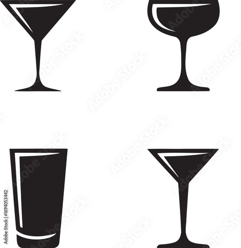 Black Silhouettes of Cocktail Glasses – Martini, Coupe, Highball, and Margarita Icons for Bar Menu and Beverage Design 