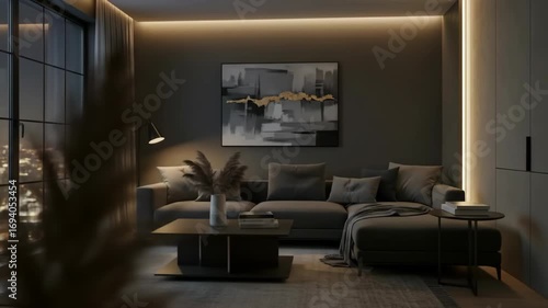 Wallpaper Mural Cozy interior scene with sofa, painting and city lights at night. Torontodigital.ca