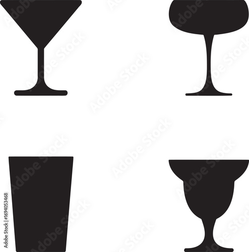 Black Silhouettes of Cocktail Glasses – Martini, Coupe, Highball, and Margarita Icons for Bar Menu and Beverage Design 