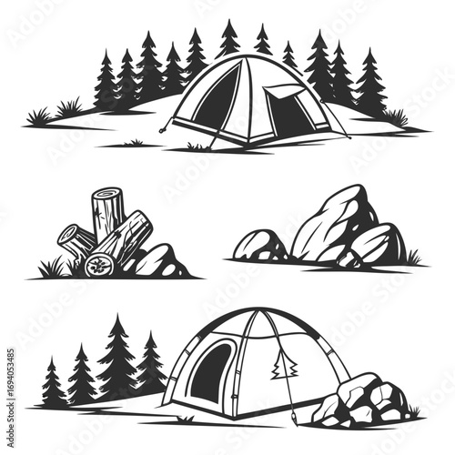 Forest camping scenes with tents and logs trees nature